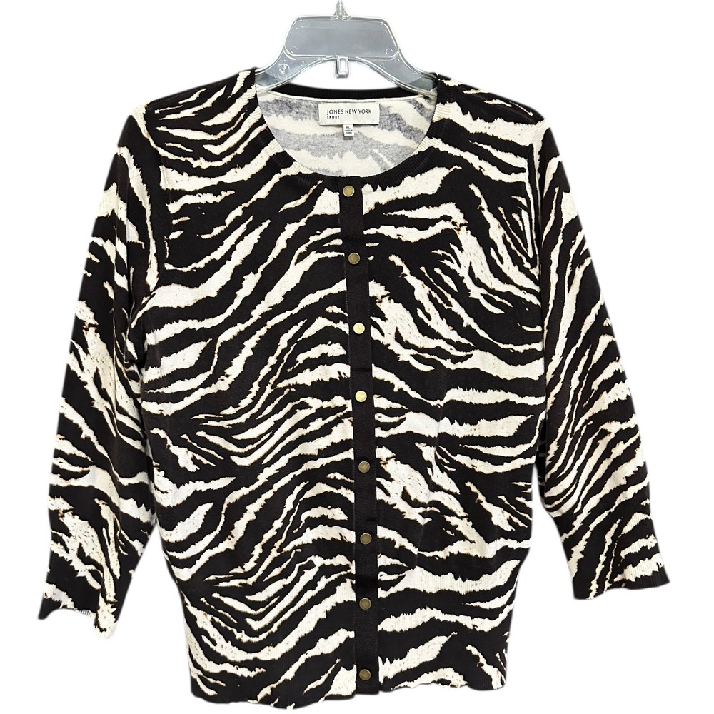 Jones New York Zebra Print Cardigan Sweater Black Cream XL Snap Front Maximalism